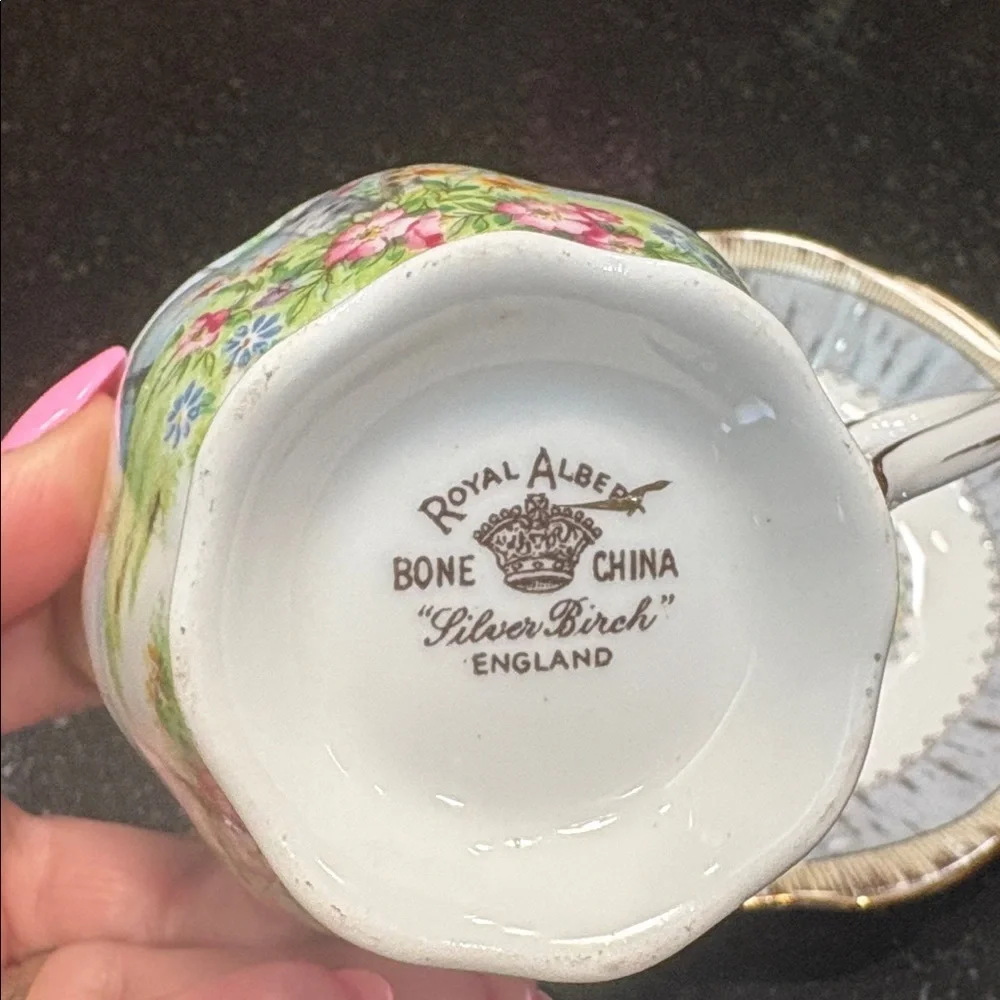 Vintage Royal Albert Floral Silver Birch Bone China Cup & Saucer with Gold Trim